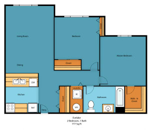 Two Bedroom One Bath Floor Plan at Excalibur Apartment Homes, Bellevue, Washington