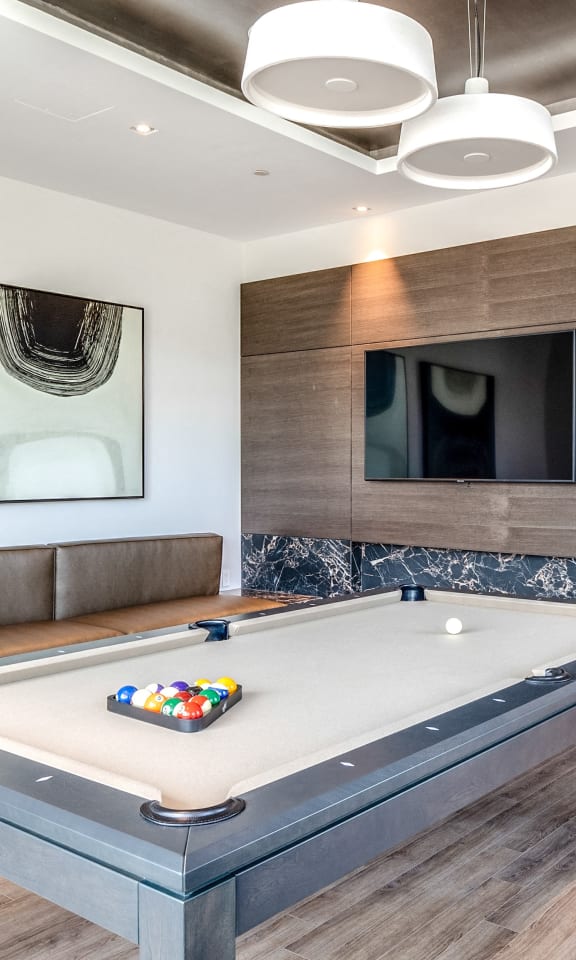 a game room with a pool table and a television