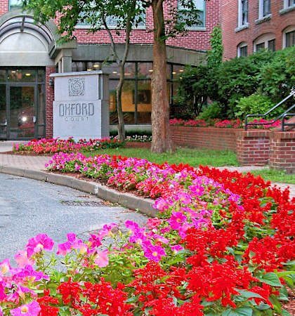 the entrance to a building with flowers in front of it