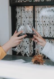 two people toasting with wine glasses in front of a fireplace