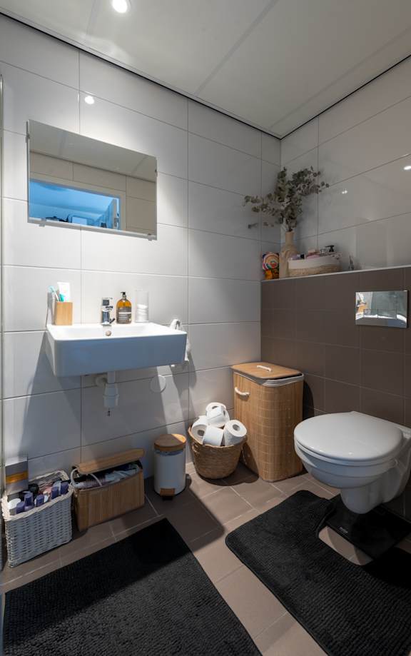 A bathroom with a toilet, sink, and mirror.