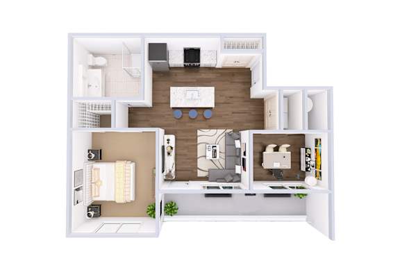 A floor plan of a small apartment with a kitchen, living room, and bathroom.