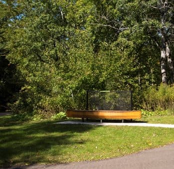 a bench in a park with trees in the background