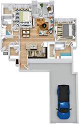 Pecos with Attached Garage 3D. 2 bedroom apartment. Kitchen with island open to living/dinning rooms. 2 full bathrooms, double vanity in master. Walk-in closets. Patio/balcony.