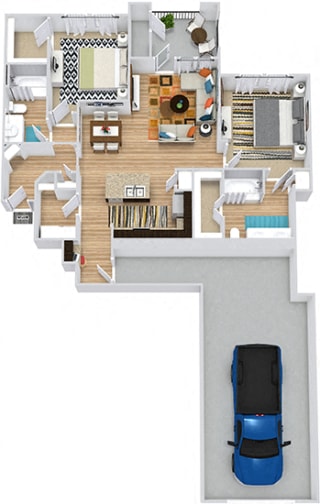 Pecos with Attached Garage 3D Pecos with Attached Garage 3D. 2 bedroom apartment. Kitchen with island open to living/dinning rooms. 2 full bathrooms, double vanity in master. Walk-in closets. Patio/balcony.