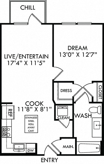 The Newt. 1 bedroom apartment. Kitchen with island open to living room. 1 full bathroom. Walk-in closet. Patio/balcony.