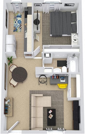 3D Albemarle 1 bedroom floorplan. living-dining area, kitchen with in-unit washer/dryer. 1 bath with tub. large closets.