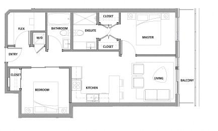 Two bedroom, two bathroom apartment layout at Lynn Creek Apartments in North Vancouver, BC