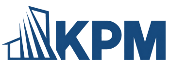 The image shows a logo with the letters "KPM" in blue, with a graphic of a building to the left of the letters.