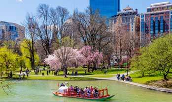 A boat with people on it is on a river in a park.