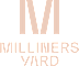 the logo for milliners yard in bold white and pink on a black background