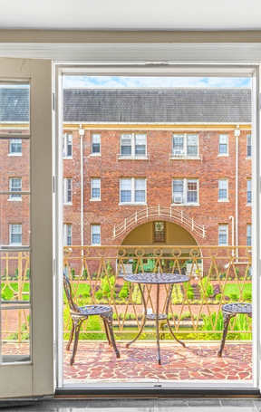 Balcony view of courtyard in the Spring at Kew Gardens, Washington, DC, 20007