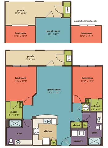 Floor Plan  2 bedroom 2 bathroom Pavo Floorplan at Abberly Crossing Apartment Homes by HHHunt, South Carolina