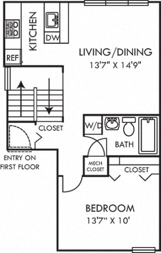 The Sage Sage 1 bedroom second story floorplan. Kitchen open to living room. full bath. hall and bedroom closet. in-unit laundry.