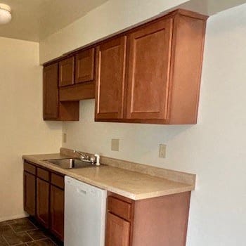 a kitchen with wooden cabinets and a white dishwasher