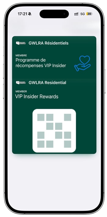 A smartphone screen displays a VIP insider rewards program for GWLRA Residential.