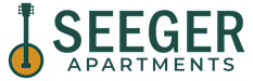 A logo for Seeger Apartments featuring a banjo.