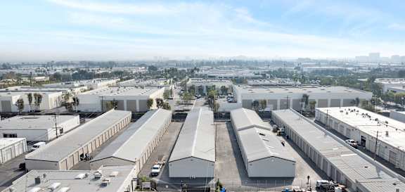 Overhead view of a storage facility with multiple buildings.