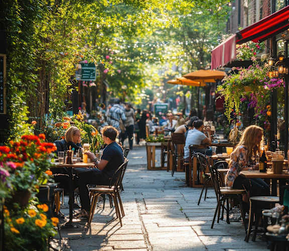 A group of people are sitting at tables outside a restaurant.