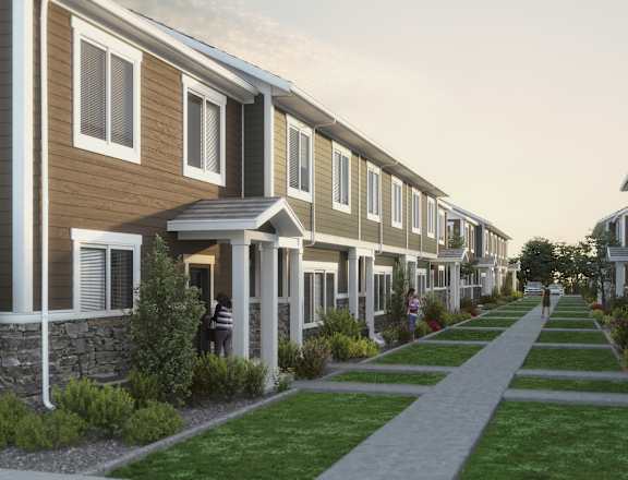 a rendering of a row of townhomes with a sidewalk and grass at Calla Homes in Milcreek, UT