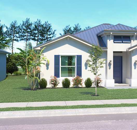 a white house with blue shutters and a garage door