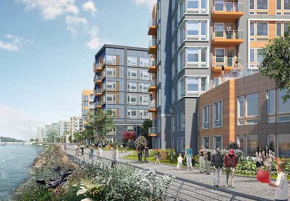 a rendering of a city waterfront with people walking on the sidewalk and a river