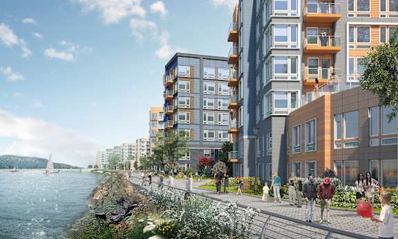 a rendering of a city waterfront with people walking on the sidewalk and a river