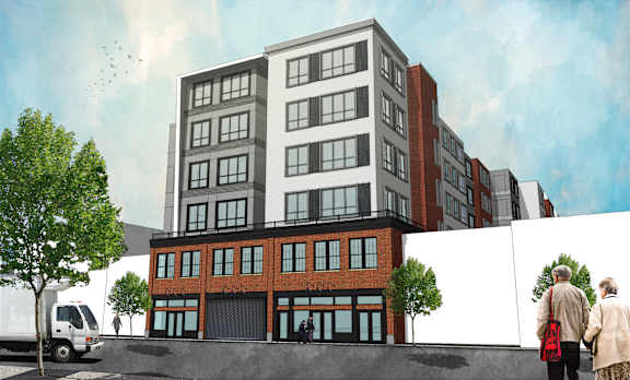 A rendering of a modern multi-story building with a mix of brick and panel facades.
