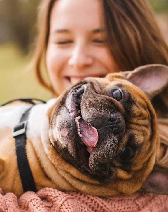 A woman is holding a happy dog in her arms.at The Arvon, Vancouver, 98662