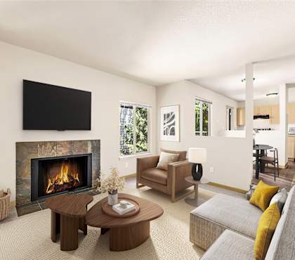 A modern living room with a fireplace and a flat screen TV mounted on the wall.