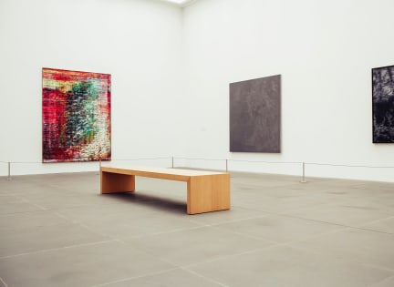 Wooden bench at art gallery