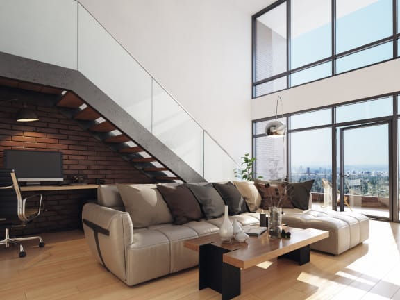 a living room with a couch and a coffee table