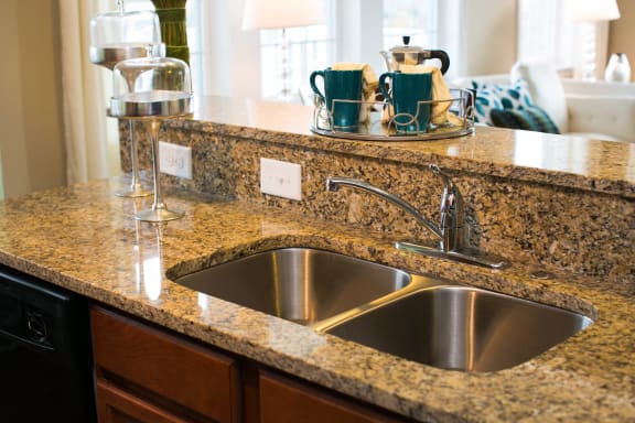 kitchen countertop at VistaView apartments in Frederick, MD  with stainless steel double sink at VistaView, Frederick