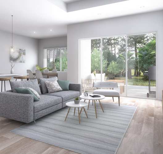 a living room with a grey couch and a rug