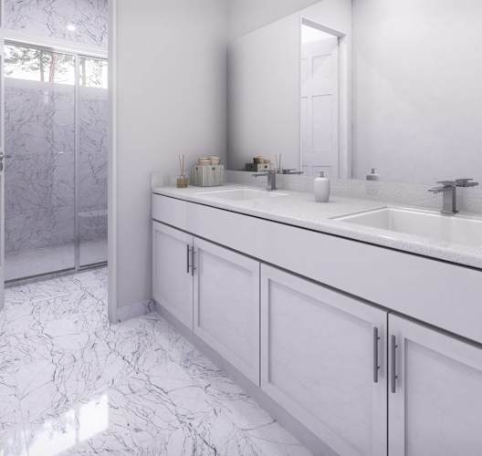 a large white bathroom with two sinks and a shower