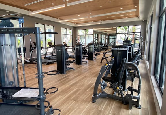 A gym with a variety of equipment including treadmills, weights, and exercise machines.