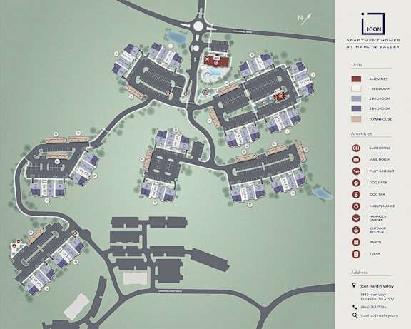 A map of Icon Apartment Homes at Hardin Valley showing the layout of the buildings and amenities.