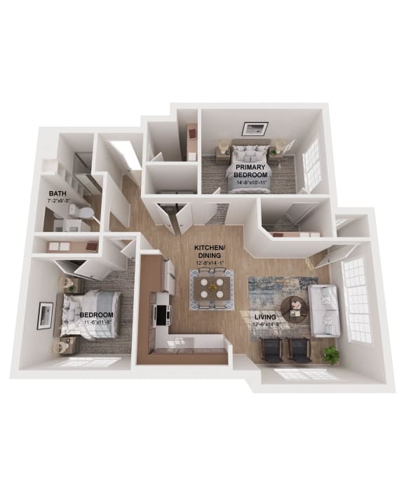 a 3d floor plan of a house with a bedroom and a living room