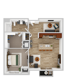 A floor plan of a house with a living room, kitchen, and two bedrooms.