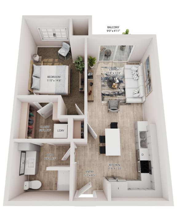 a 3d floor plan of a home with a bedroom and living room