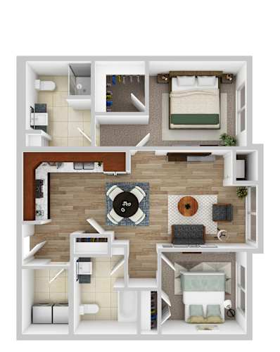 Floor Plan  A floor plan of a house with a kitchen, living room, bedrooms and bathrooms.