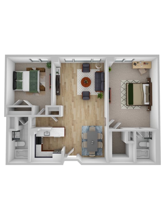 2 Bathroom 2 Bedroom 970 Sq. Ft. Floor Plan at Ship's Watch Apartments, Fall River