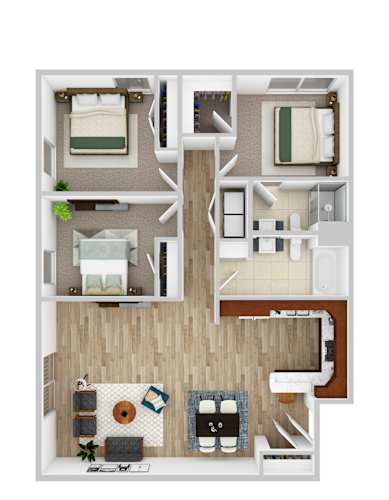 Floor Plan  A floor plan of a house with two bedrooms, a living room, a kitchen, and a bathroom.