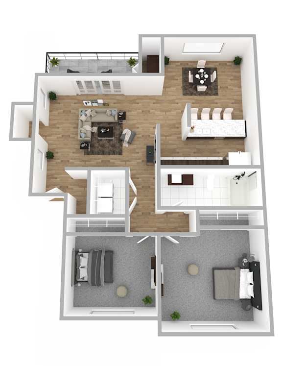 A floor plan of a house with a living room, kitchen, dining room, and bedrooms.