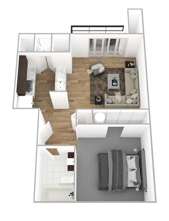 A floor plan of a two-story apartment with a living room, kitchen, and bedrooms.