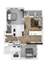 A floor plan of a small apartment with a kitchen, living room, and bedroom.