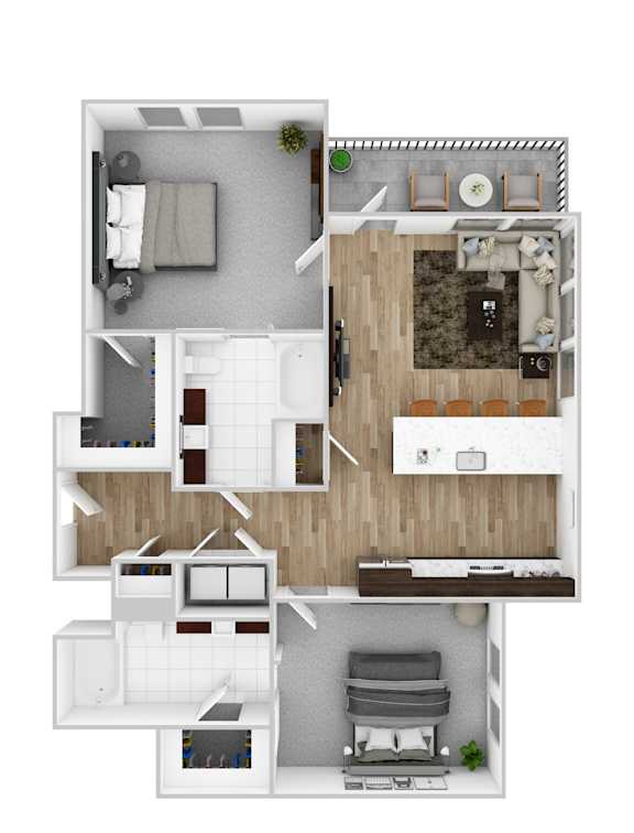 A floor plan of a small apartment with a kitchen, living room, and bedroom.