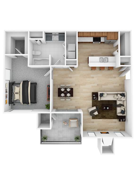 A floor plan of a small apartment with a living room, kitchen, and bathroom.