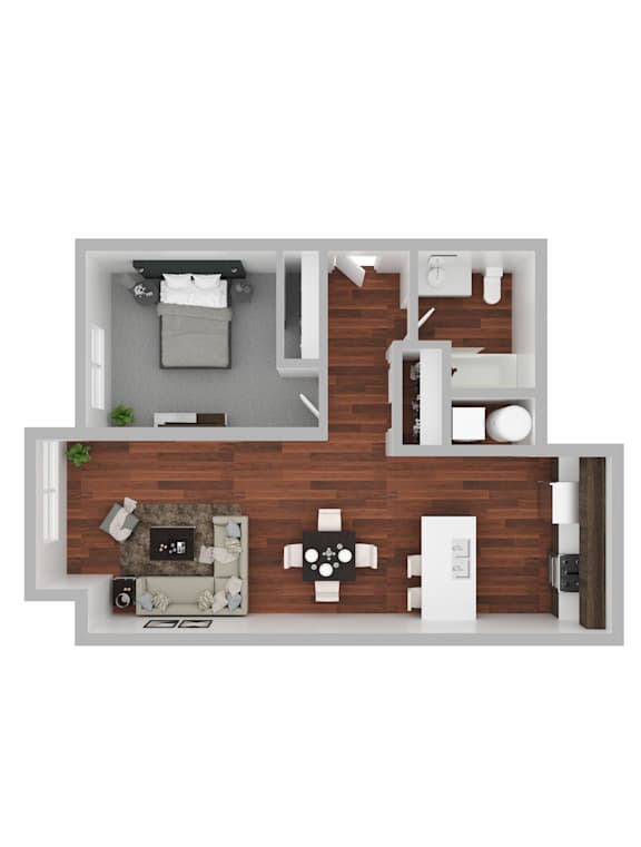 A floor plan of a small apartment with a living room, kitchen, and bathroom.