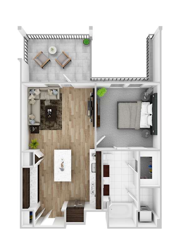 A floor plan of a small apartment with a kitchen, living room, and bathroom.